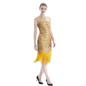 Sequin Tassel Flapper Dress Vintage Sleeveless Crew Neck XL 12 Earth Yellow